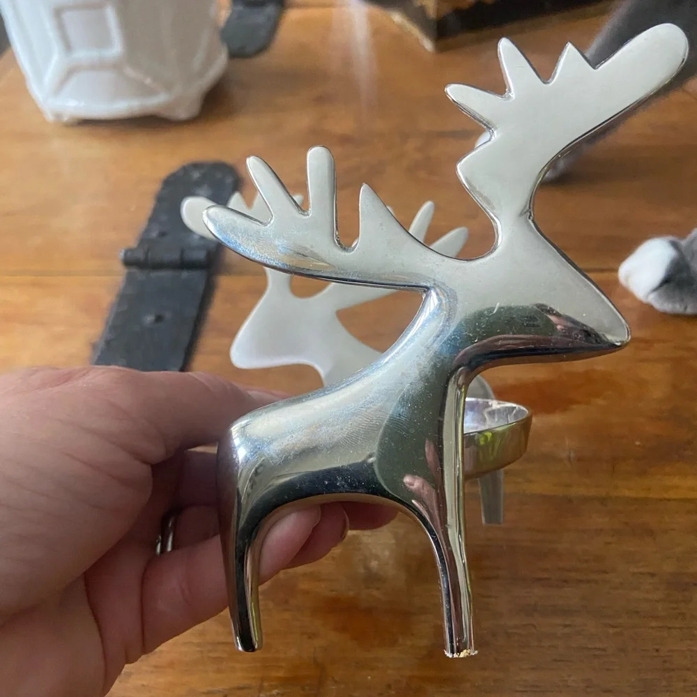 Crate&Barrel Silver Metal Reindeer Shaped Pillar Candle Holder